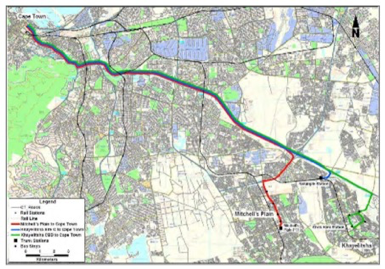 Détail du corridor N2 Express entre le centre urbain et les townships de Mitchells Plain et Khayelitsha Source: City of Cape Town (CoCT), 2012